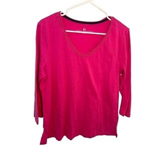 Karen Neuberger V-Neck T-Shirt 3/4 Sleeve Hot Pink